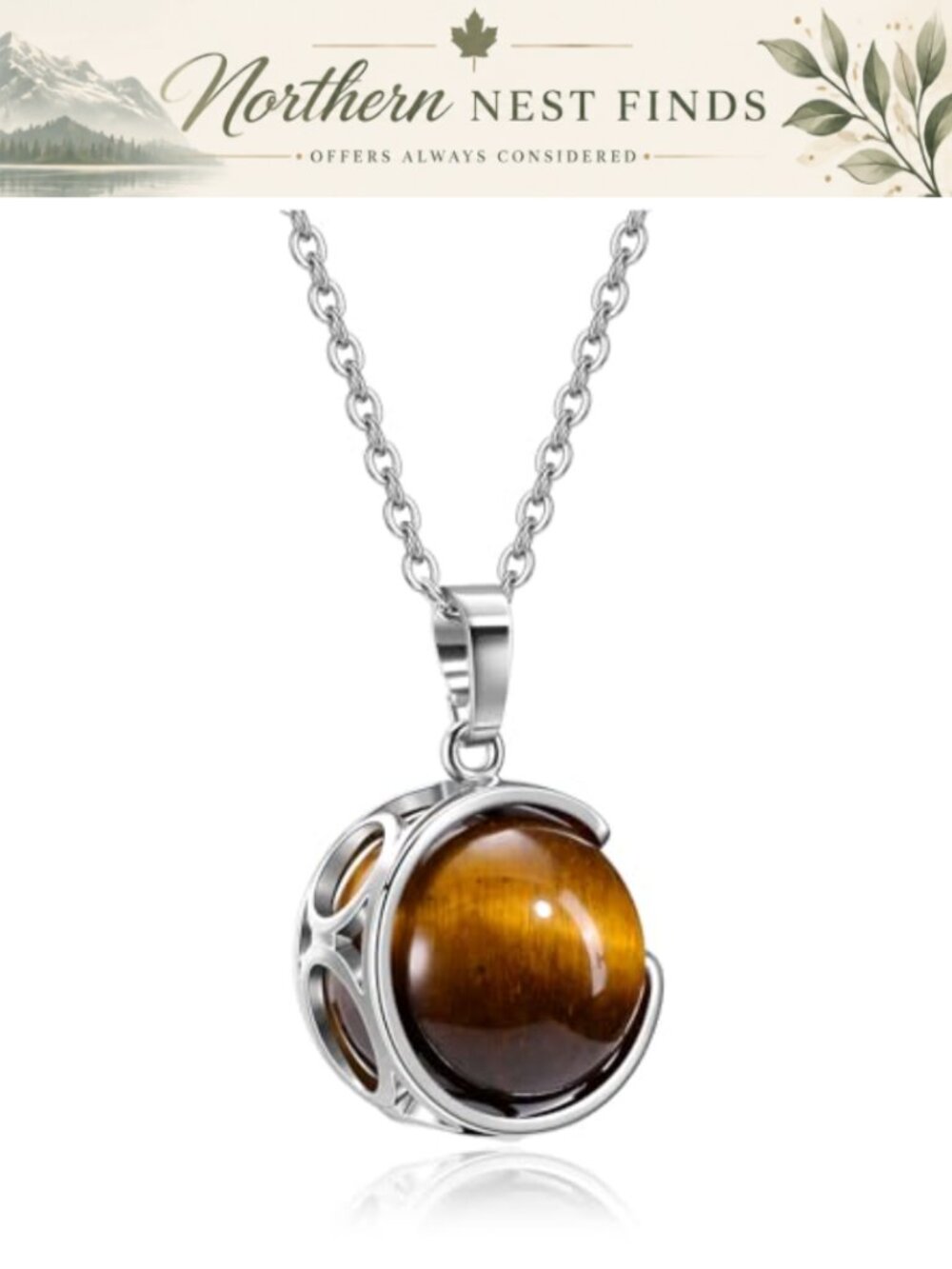 Tiger's Eye Stone Pendant Necklace Stainless Steel Chain Rotating Crystal